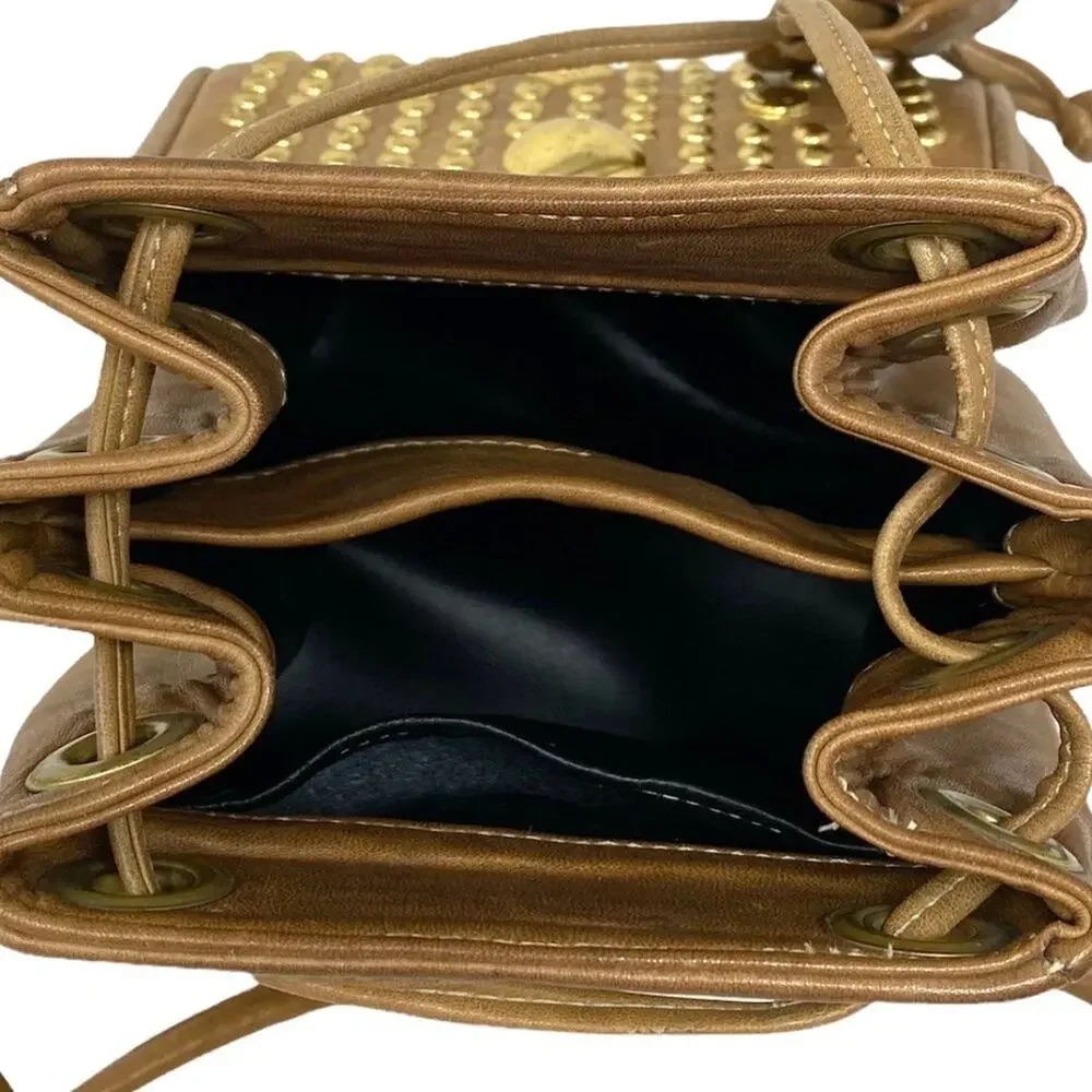 Ladies Tan Studded St Maartan Dallas Crossbody Bucket Drawstring Shoulder Bag
